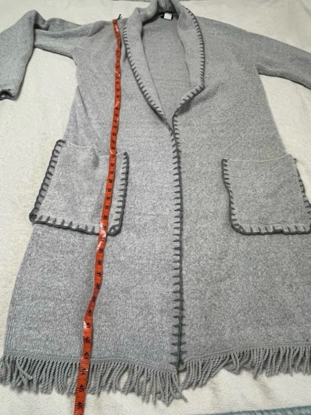 Venus Gray Whipstitch Fringe Duster Cardigan Midi Open Front Size M Cozy Fall - Picture 4 of 10